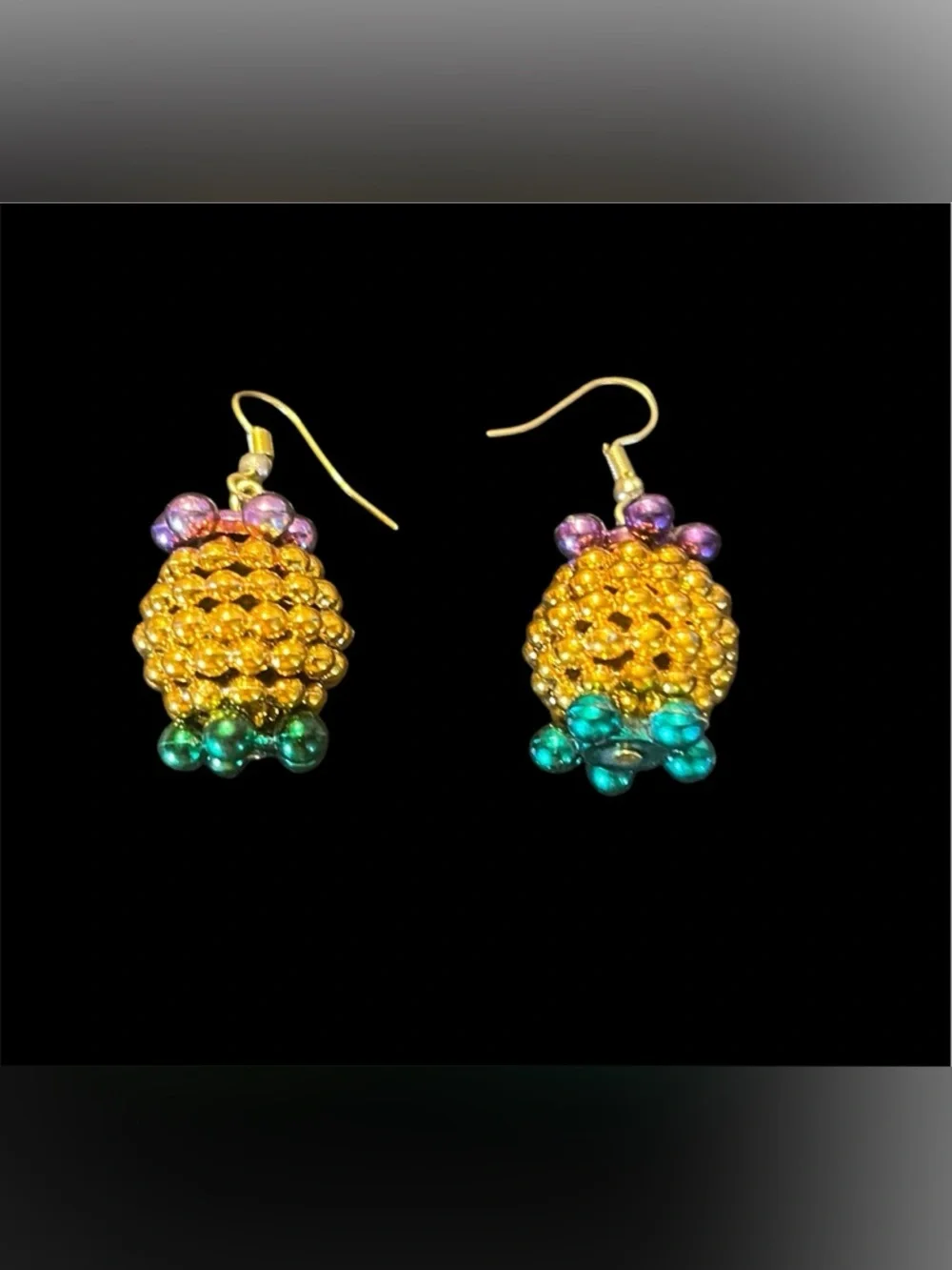 Handmade Pineapple Drop Earrings in Gold, Purple & Green Mardi Gras Beaded